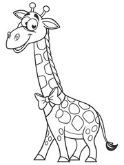 Fototapeta premium A tall, smiling cartoon giraffe wearing a bowtie and blinking one eye. Drawn in black-and-white line art, minimal details, great for young kids to color