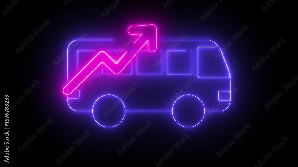 Poster neon light effect animation of a bus icon with an upward arrow