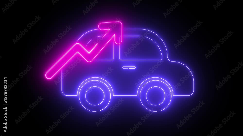 Poster neon light effect animation of a car icon with an upward arrow