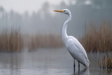 A graceful heron stands motionless in a shallow marsh its long neck curved elegantly as it waits for fish