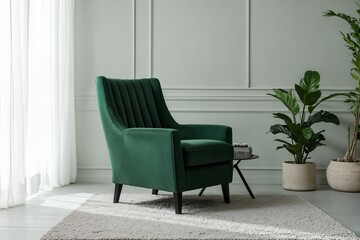 A solitary emerald green velvet armchair with vertical channel tufting, positioned on a light grey rug in a bright, minimalist living room, soft daylight streaming through sheer white curtains.