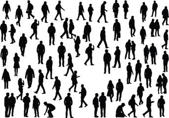 Silhouettes of walking and standing people in urban environment, casual poses, isolated on white background for street scene, city life concept