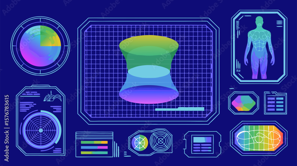Poster illustration of a futuristic interface with holographic displays and data visualization