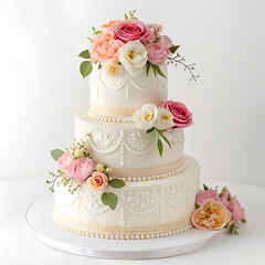 Elegant Three-Tier Wedding Cake with Floral Decoration: Pastel Roses and Delicate Lace Design