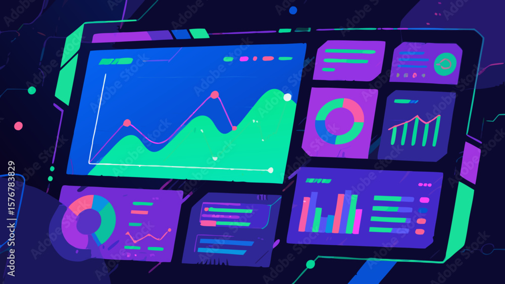 Poster abstract illustration of a data visualization screen showing charts and graphs