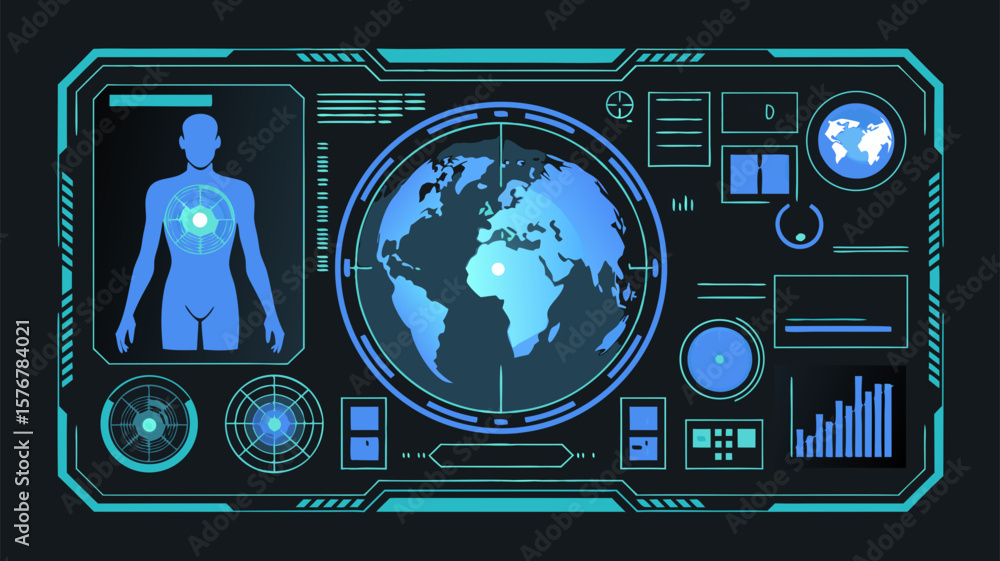 Poster futuristic digital interface displaying human body scan and global earth map visualization