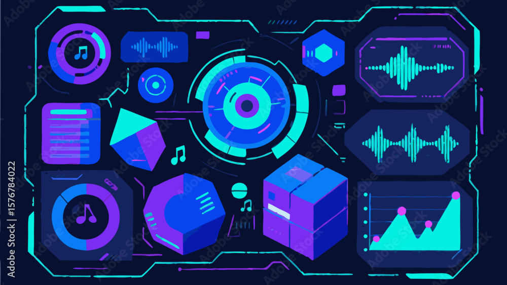 Poster futuristic digital interface with audio visualizers and music symbols on dark background