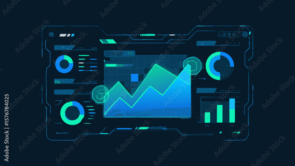 Poster futuristic digital interface with data visualization elements on dark blue background