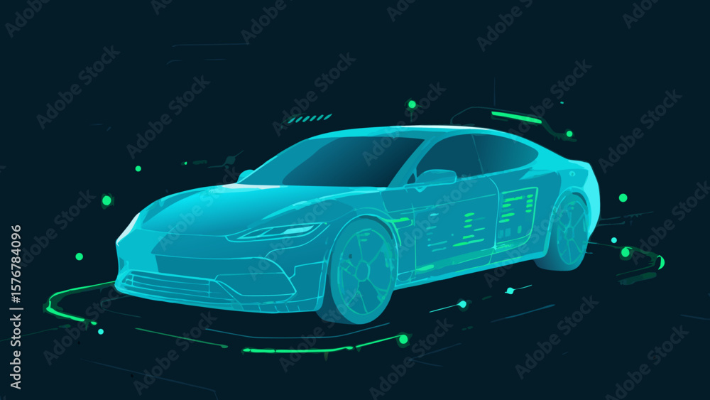 Aufkleber futuristic illustration of a digital car with glowing lines and data display