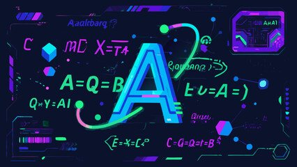 Futuristic digital illustration of the letter A with mathematical equations and symbols