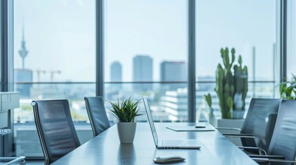 Panoramic view of modern office interior with floor-to-ceiling windows, natural light,blurred cityscape in the background, representing contemporary workspace, productivity, and corporate elegance