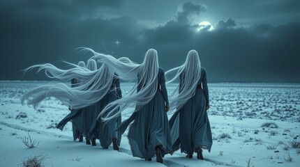 Hauntingly Beautiful Spectral Procession in Winter Landscape