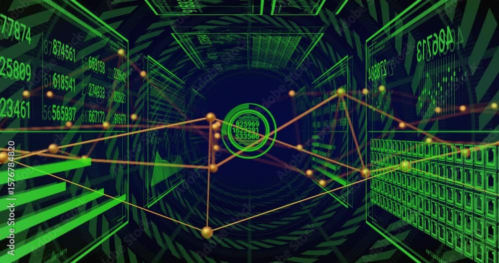 Poster Sequence opening on tunnel initiating network graph pulsing panels forming emphasizing data flow
