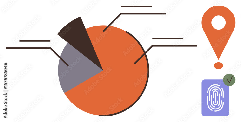 Poster pie chart with sections, geolocation marker, fingerprint icon with a checkmark. ideal for business a