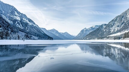 A serene winter lake lies in the midst of snow - covered mountains, with its shoreline frozen. The still water of the lake reflects the majestic peaks, and the white snow adds a touch of purity and tr