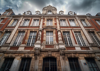 Fototapeta premium Wide-angle exterior photo of a building showcasing modern and historical architecture