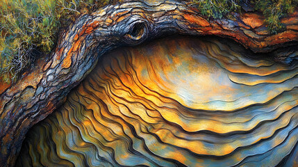 A weathered tree branch gracefully drapes over a richly textured stone formation, showcasing a captivating interplay organic geological forms.