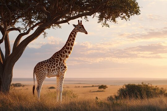 A majestic giraffe grazing peacefully in a vast open plain its long neck reaching high into the tree branches - Powered by Adobe