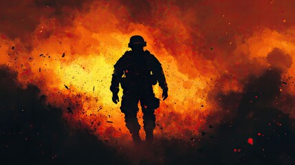 Silhouette of a soldier amidst fiery explosion.