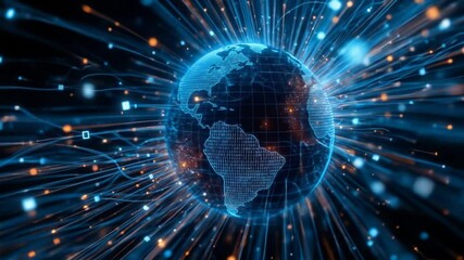 Global data network visualization with connecting blue lines and digital information - Powered by Adobe