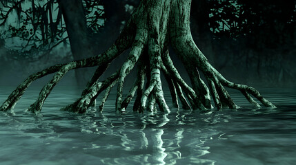 Mysterious mangrove tree roots submerged tranquil, dark green water, creating an atmospheric scene.