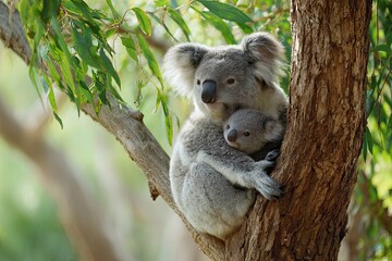 Obraz premium A mother koala clings to the trunk of a eucalyptus tree with her baby nestled in her arms surrounded