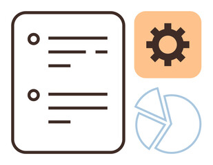 Fototapeta premium Task list with two bullets, orange gear symbol for settings, and a light blue pie chart. Ideal for productivity, workflow, project management, data analysis, planning, business strategy simple flat