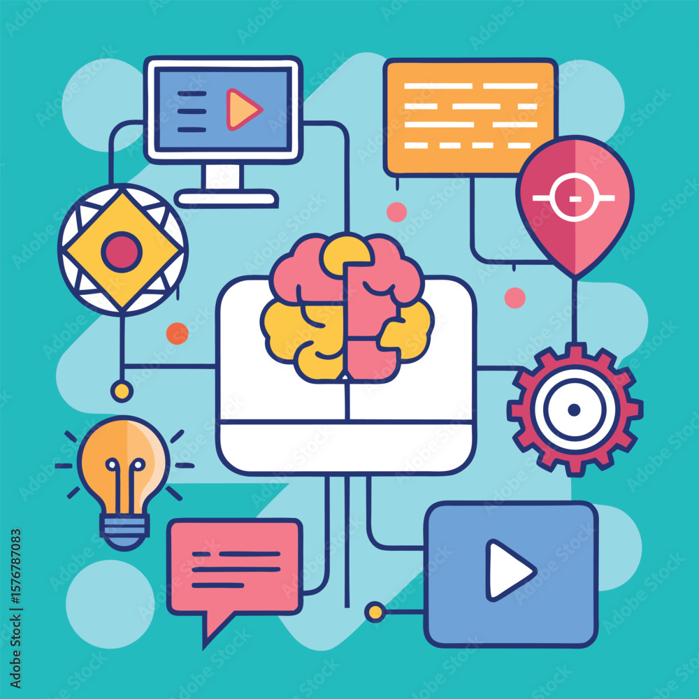 Poster creative brainstorming concept featuring a brain with connected icons and symbols
