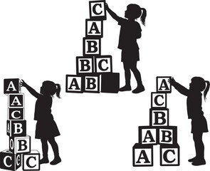Young girl building alphabet block tower silhouette