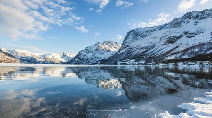 A serene winter lake lies in the midst of snow - covered mountains, with its shoreline frozen. The still water of the lake reflects the majestic peaks, and the white snow adds a touch of purity and tr