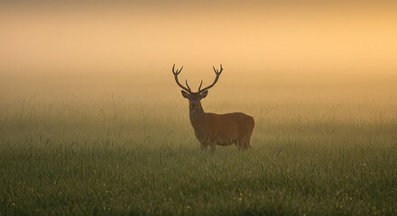 Fototapeta premium Deer in Sunrise Meadow with Mist and Tall Grass