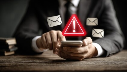 Businessperson interacts with smartphone displaying red alert, email notifications