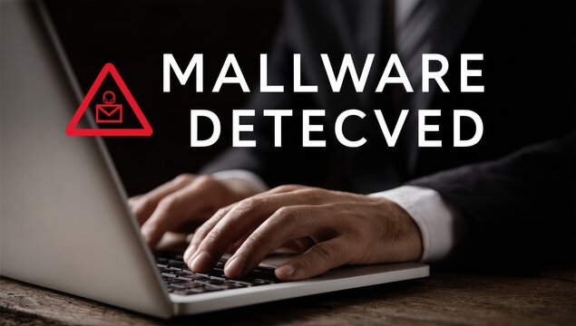 Businessman at laptop, malware detected alert