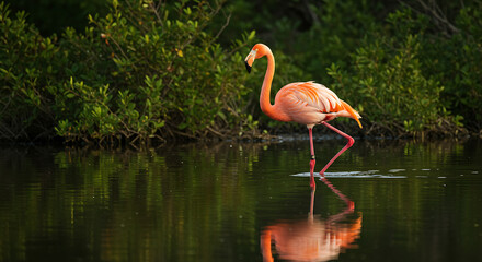 Flamingo Reflected in Shallow Water at Golden Hour