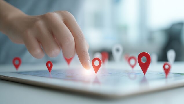 Hand points at location markers on digital map - Powered by Adobe