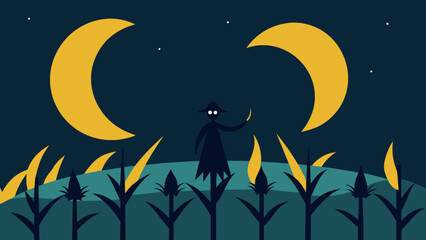 Fototapeta premium Mysterious Scarecrow Silhouette Under Twin Moons in a Cornfield at Night