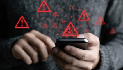Person holding phone with red warning signs