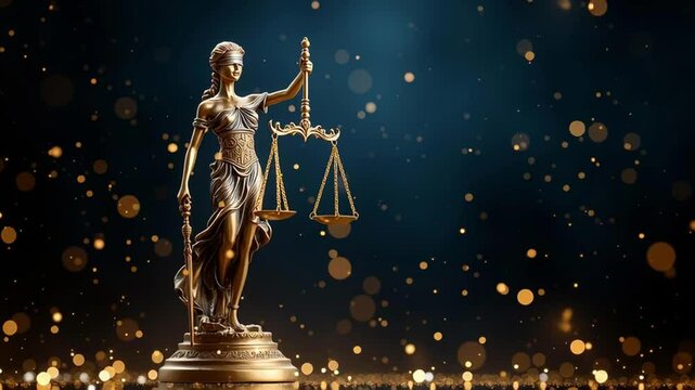 Justice statue close-up, dark background, golden scales, focused lighting