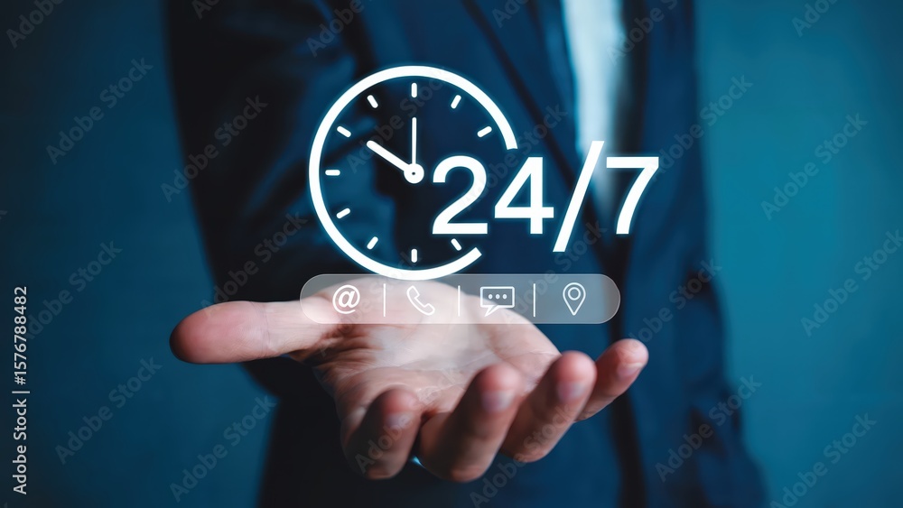 Poster round the clock service depicted with a modern digital display over a hand.