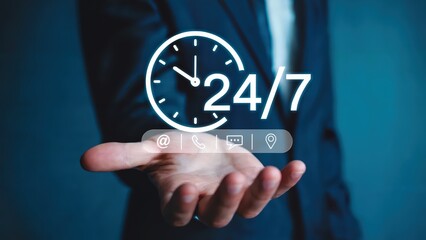 Round the clock service depicted with a modern digital display over a hand.