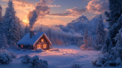 Winter Wonderland: Cozy Cabin in Snowy Mountains at Sunset