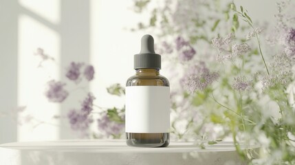 serum bottle mockup, blank label with softly blurred floral arrangement