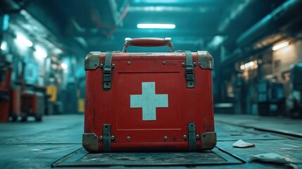 Vintage First Aid Kit in a Mysterious Industrial Setting