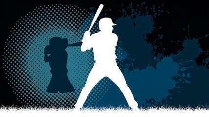 Baseball player silhouette in batting pose with grunge blue background and dotted effect  
