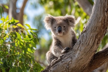 Fototapeta premium A serene koala nestled in the crook of a eucalyptus tree its soft fur glowing in the early morning