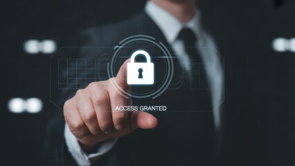 Businessman uses digital lock icon, representing cybersecurity and granted access.