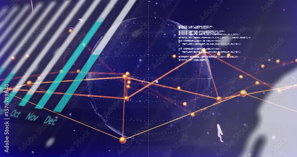 Poster with timeline advancing globe rotating and bar charts transforming to show evolving data trends