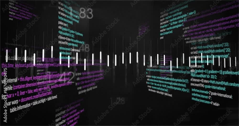 Poster bars rising in void forming waveform pulsing 3d code panels rotating updating data for live metrics