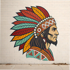 Native American Headdress Mural: Brick Wall Art
