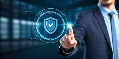 Businessman Engaging with Digital Security Interface in Modern Office Environment